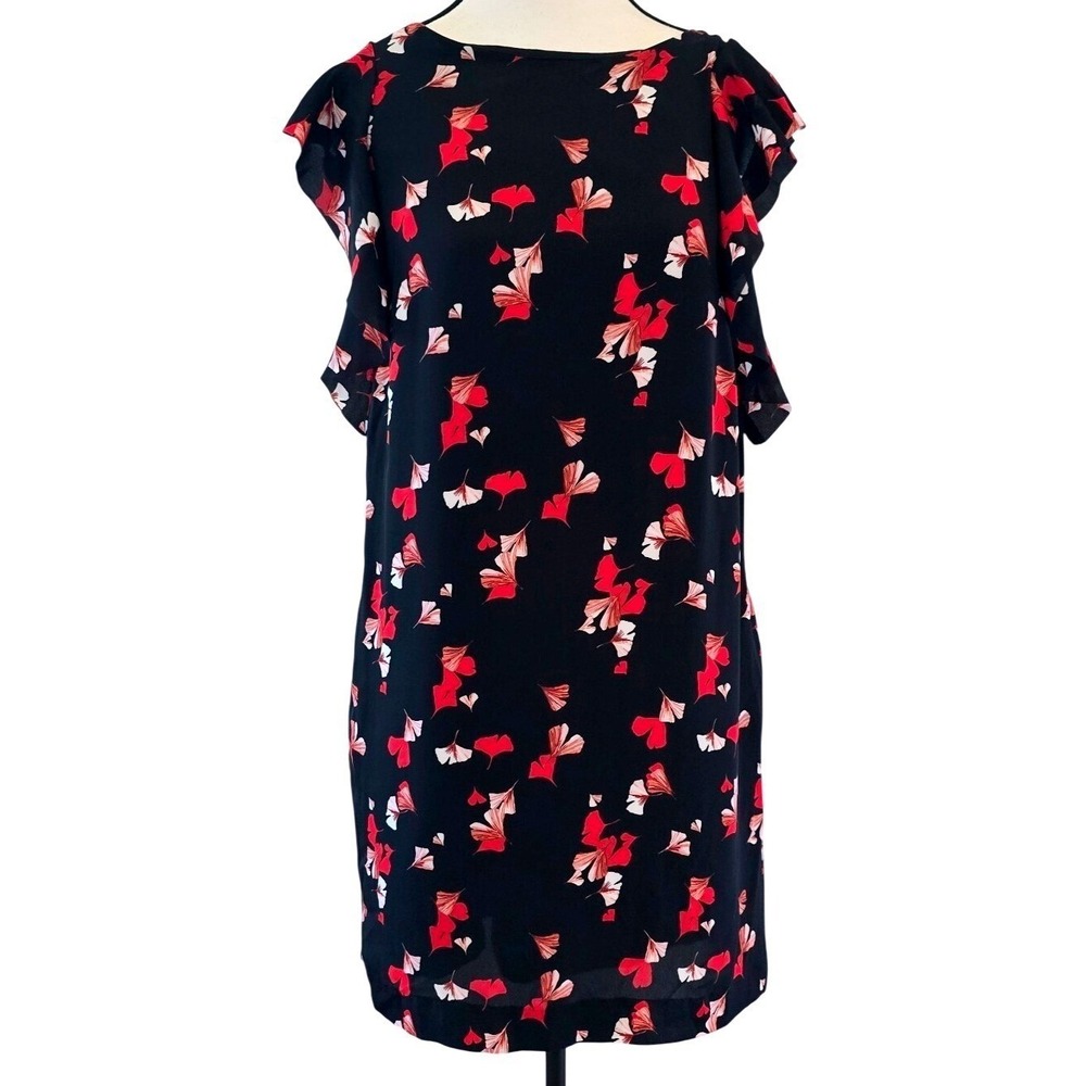Banana‎ Republic Dress 4 Black Red Floral Flutter Sleeve Print Ruffle Shift Mini